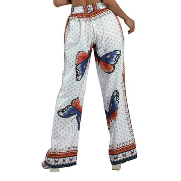 WHITE / ORANGE / PURPLE HIGH WAISTED WIDE LEG BOHO PALAZZO PANTS W/ BUTTERFLIES - Picture 4 of 10